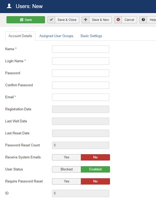 The New Joomla! User screen.