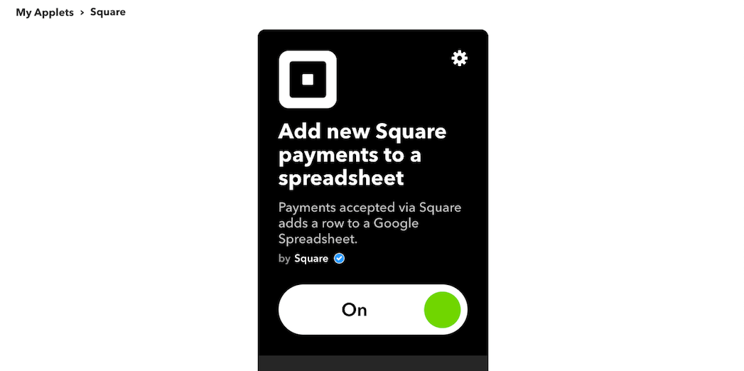The The Add new Square payments to a spreadsheet applet settings.